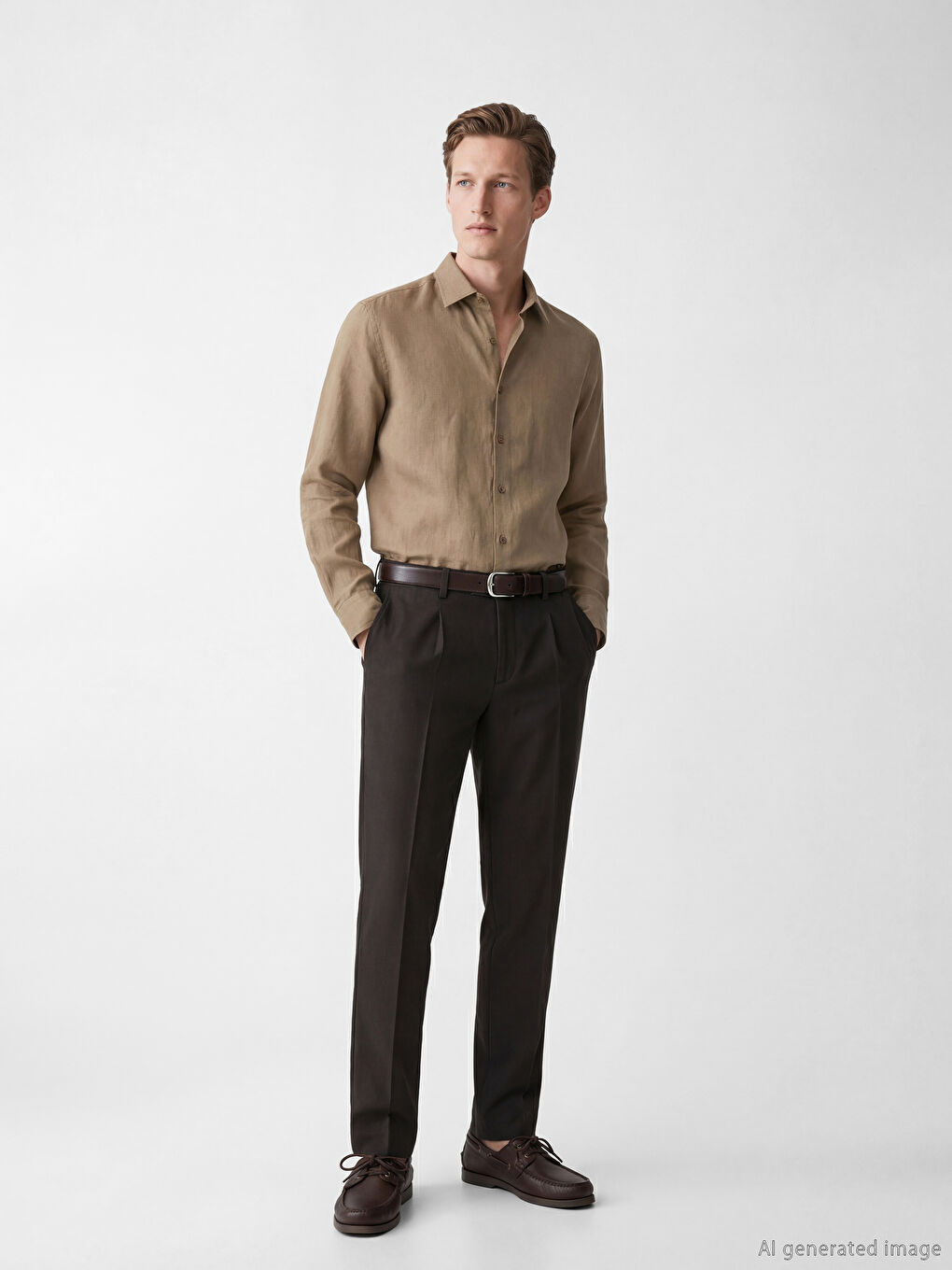 Kahverengi Regular Fit %100 Keten Erkek Gömlek-1