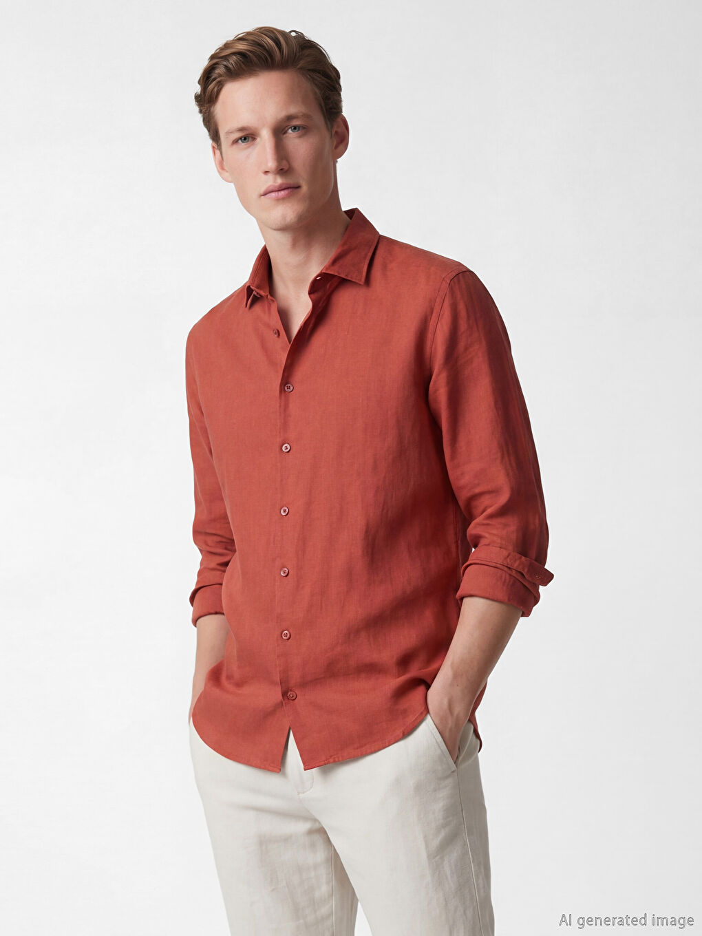 Turuncu Regular Fit %100 Keten Erkek Gömlek