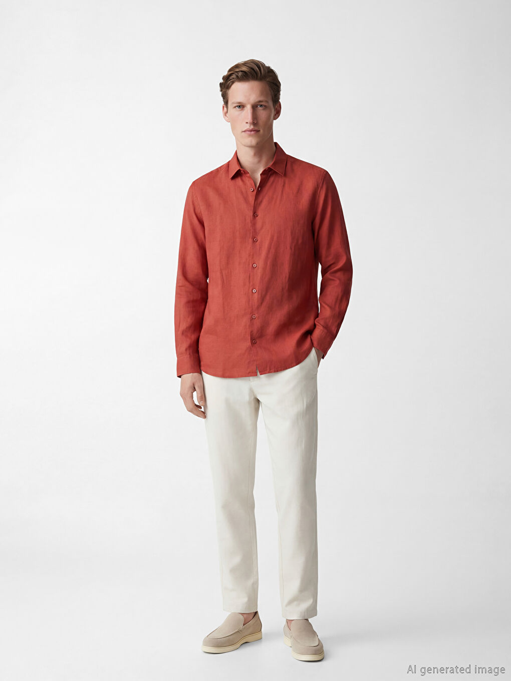 Turuncu Regular Fit %100 Keten Erkek Gömlek-1