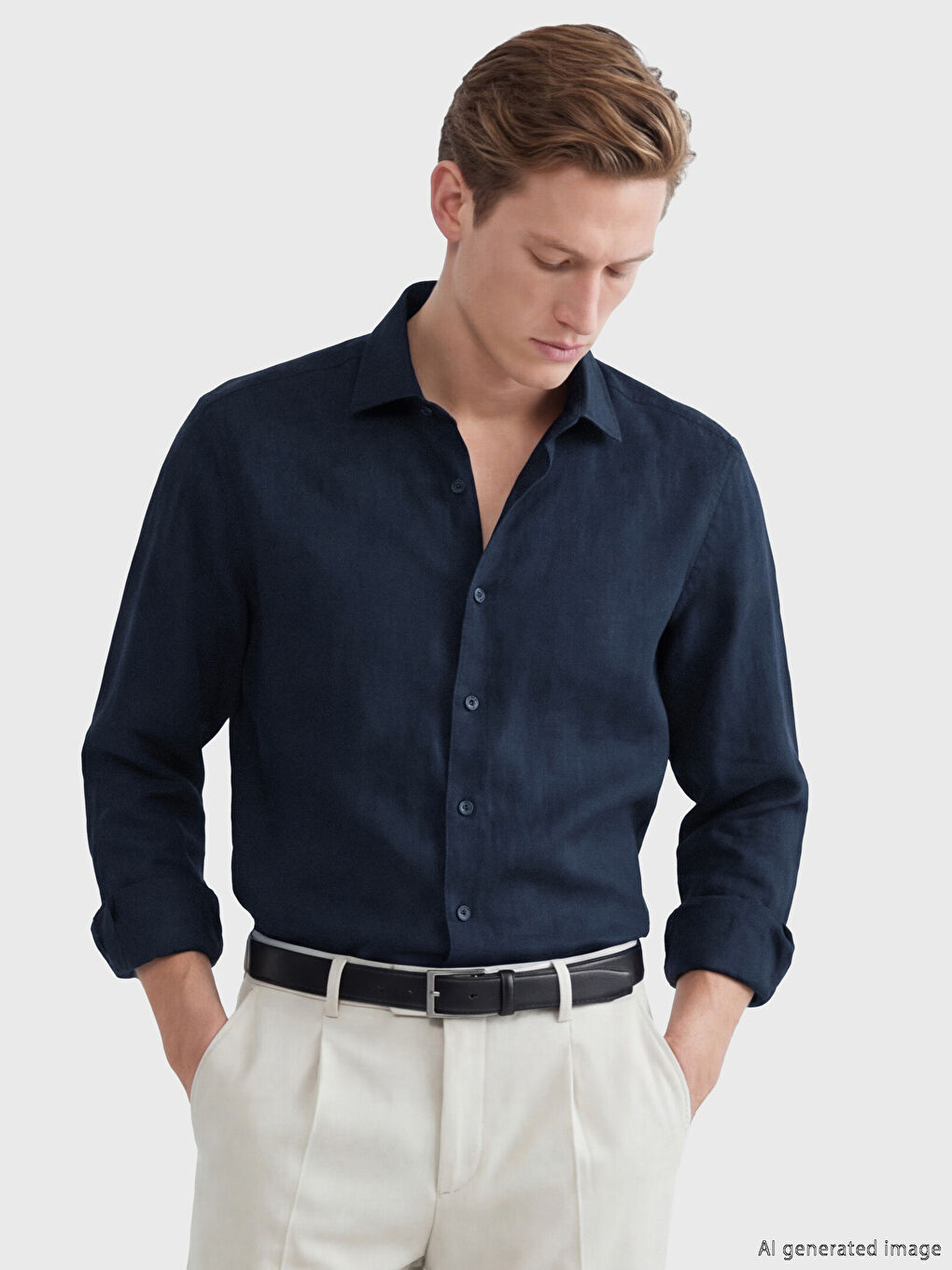 Lacivert Regular Fit %100 Keten Erkek Gömlek