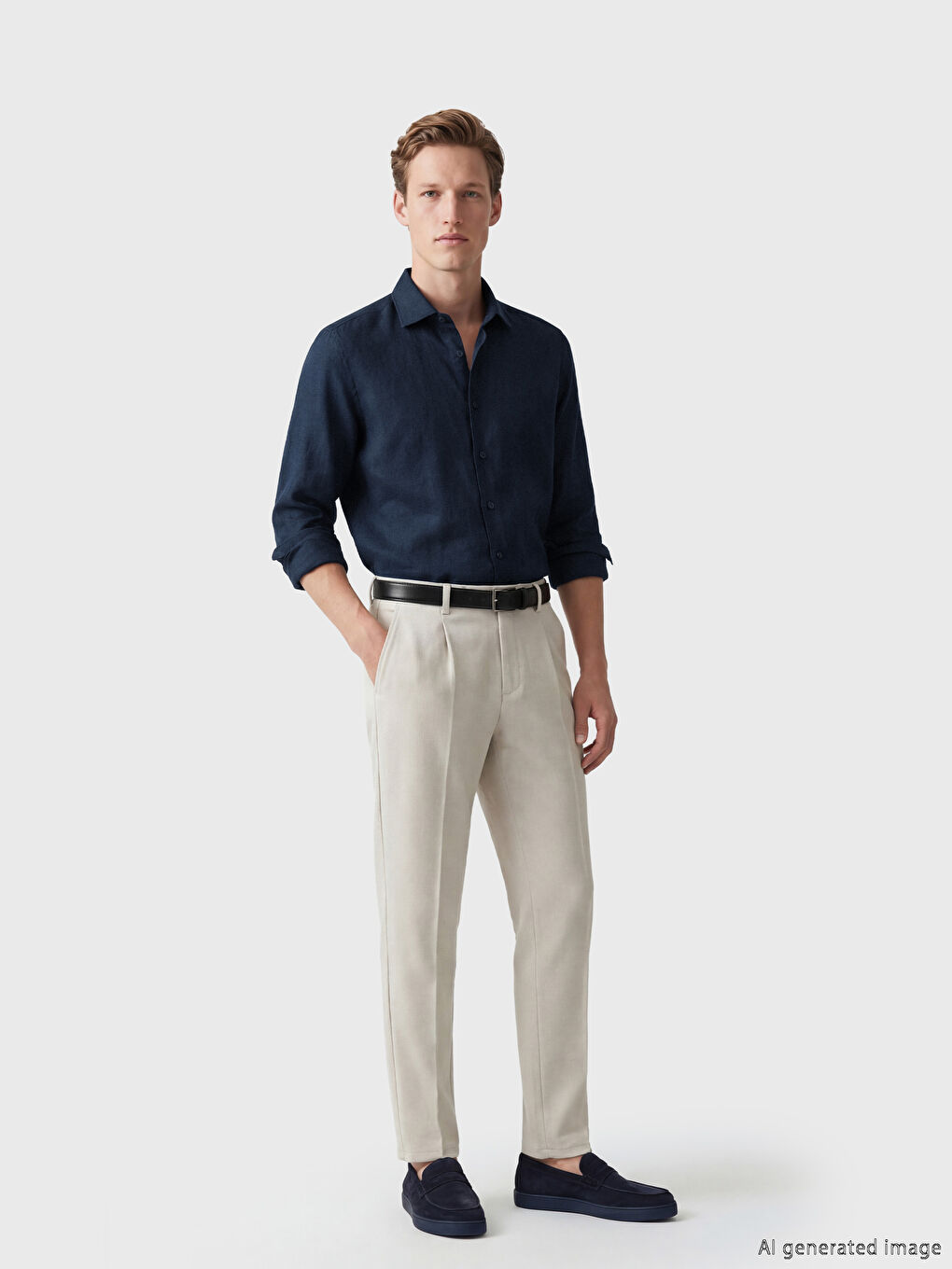 Lacivert Regular Fit %100 Keten Erkek Gömlek-1