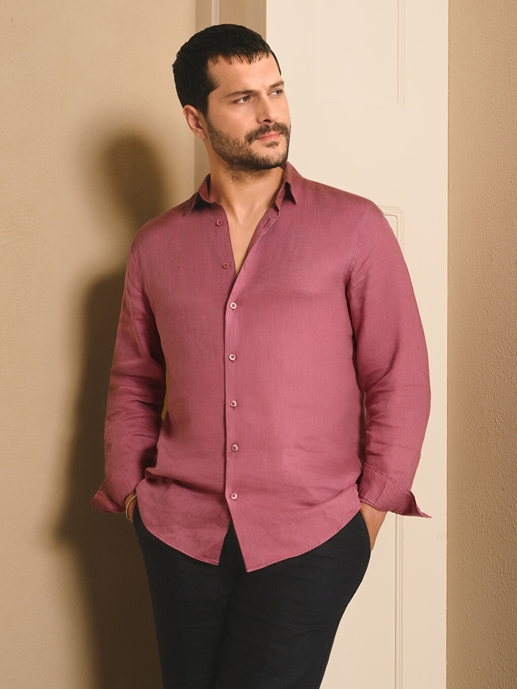 Pembe Regular Fit %100 Keten Erkek Gömlek