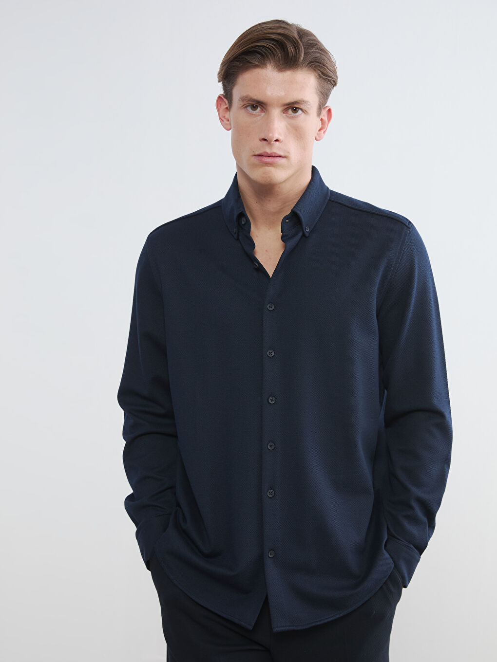 Lacivert Slim Fit Keten Karışımlı Erkek Gömlek