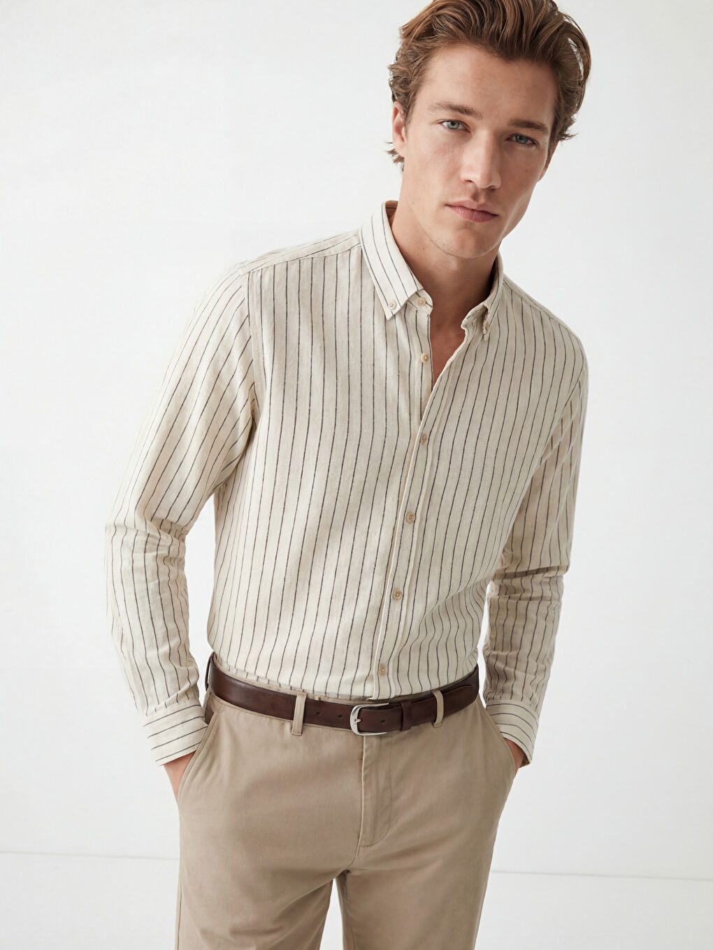 Ekru Slim Fit Çizgili Erkek Gömlek