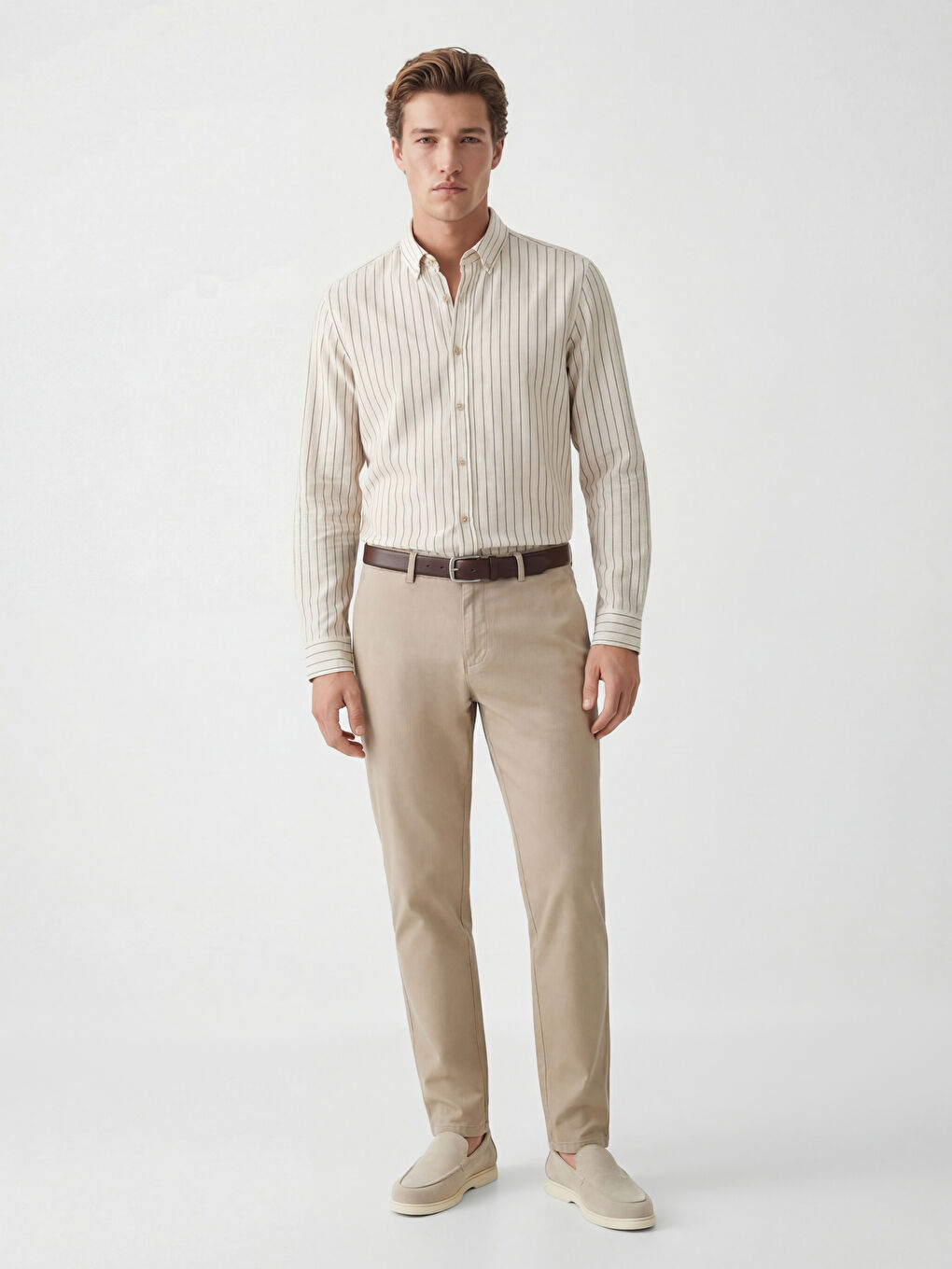 Ekru Slim Fit Çizgili Erkek Gömlek-1