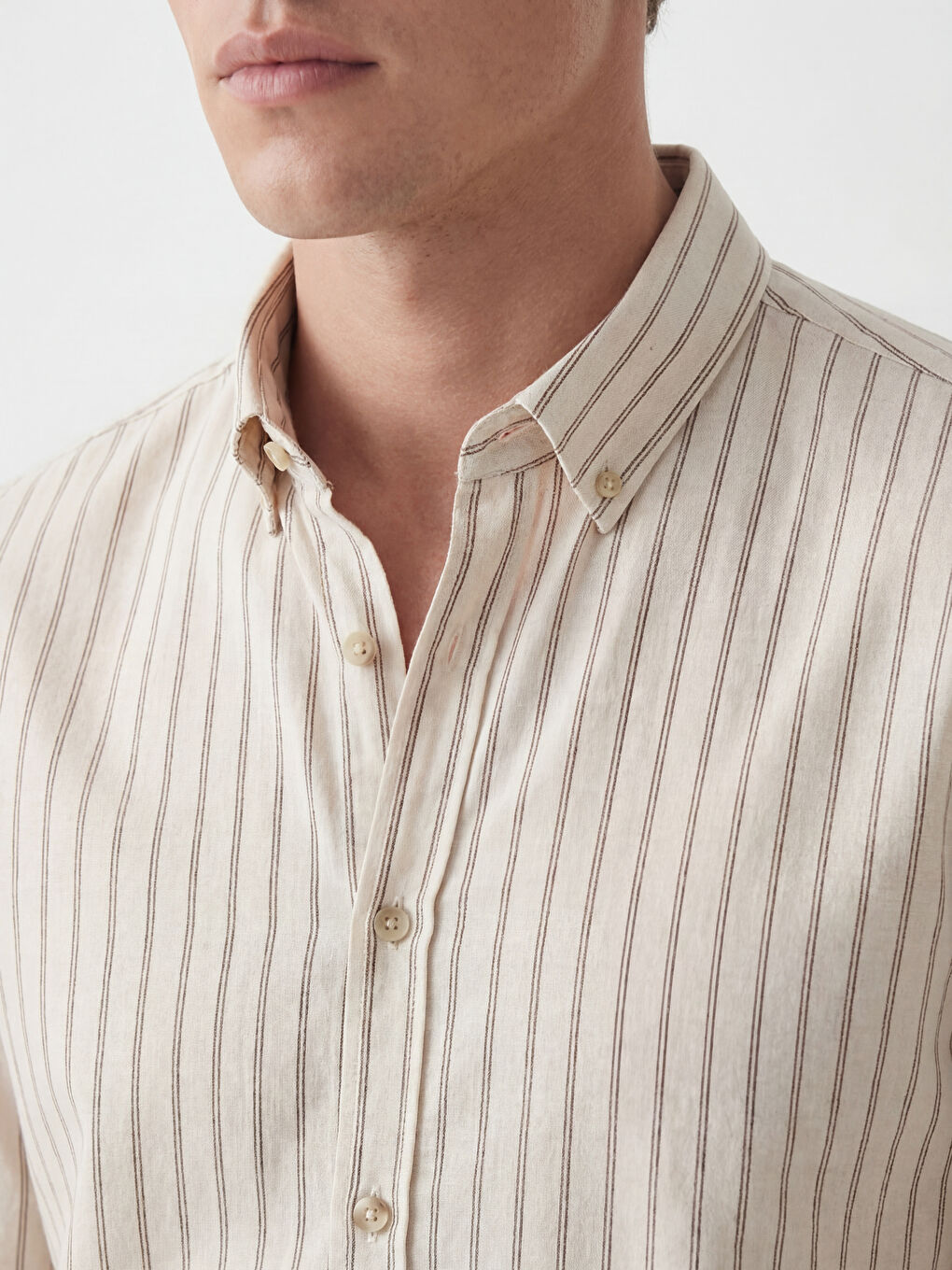 Ekru Slim Fit Çizgili Erkek Gömlek-2