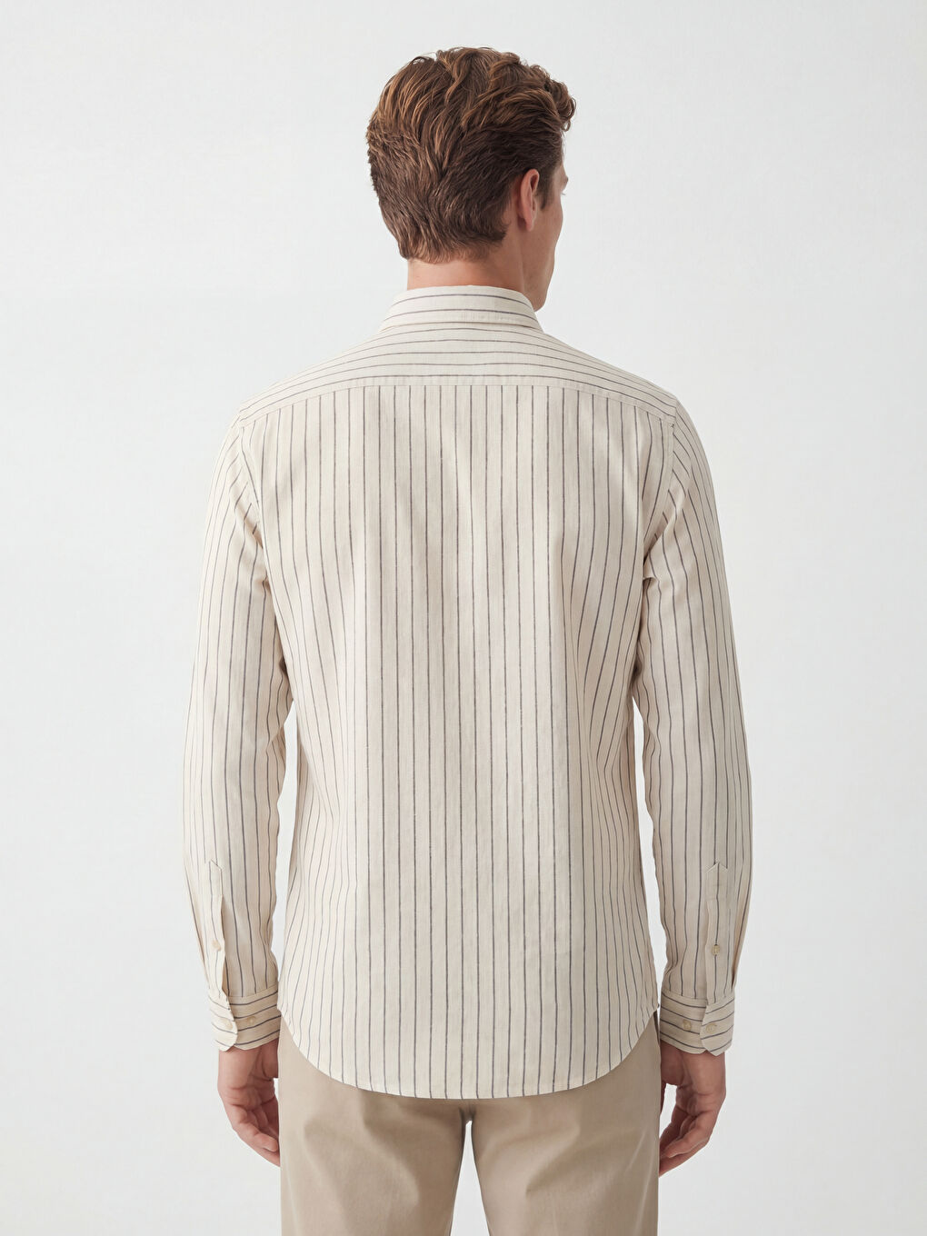 Ekru Slim Fit Çizgili Erkek Gömlek-3