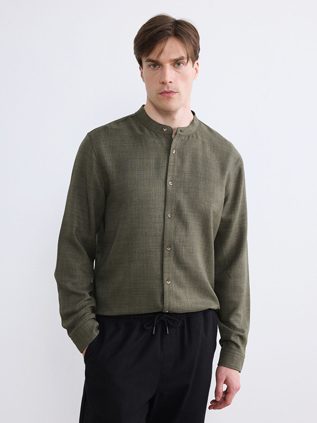 Regular Fit Grandad Collar Crinkle Men's Shirt