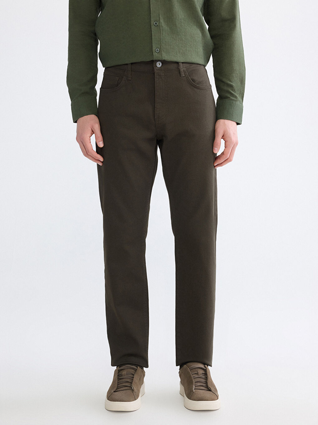 Haki Dar Kalıp Gabardin Erkek Chino Pantolon-1