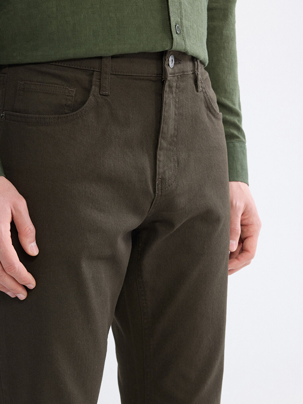 Haki Dar Kalıp Gabardin Erkek Chino Pantolon-2