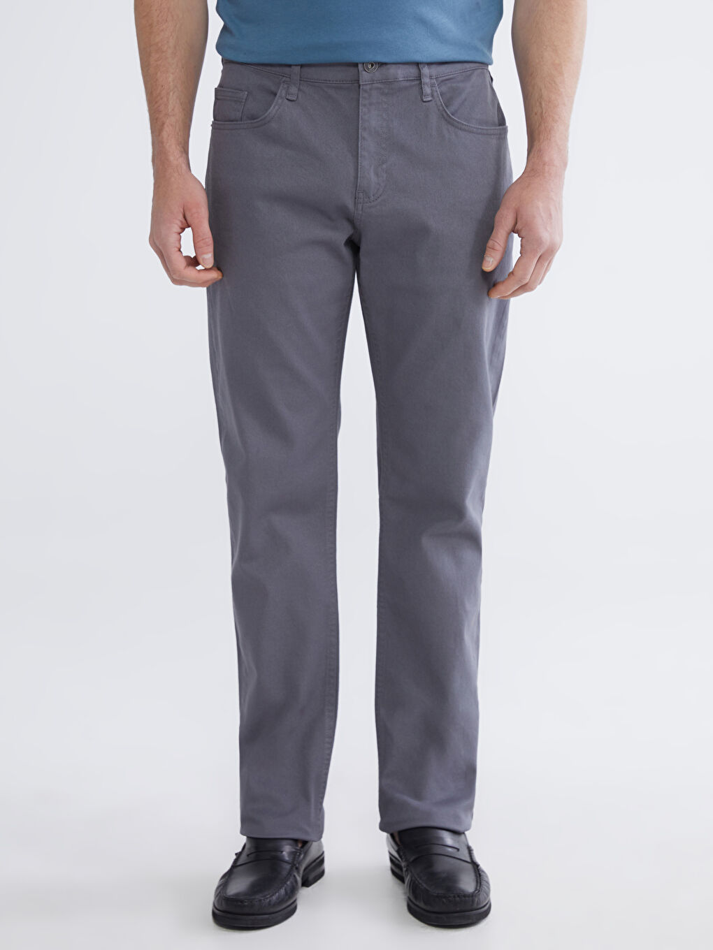 Gri Dar Kalıp Gabardin Erkek Chino Pantolon-1