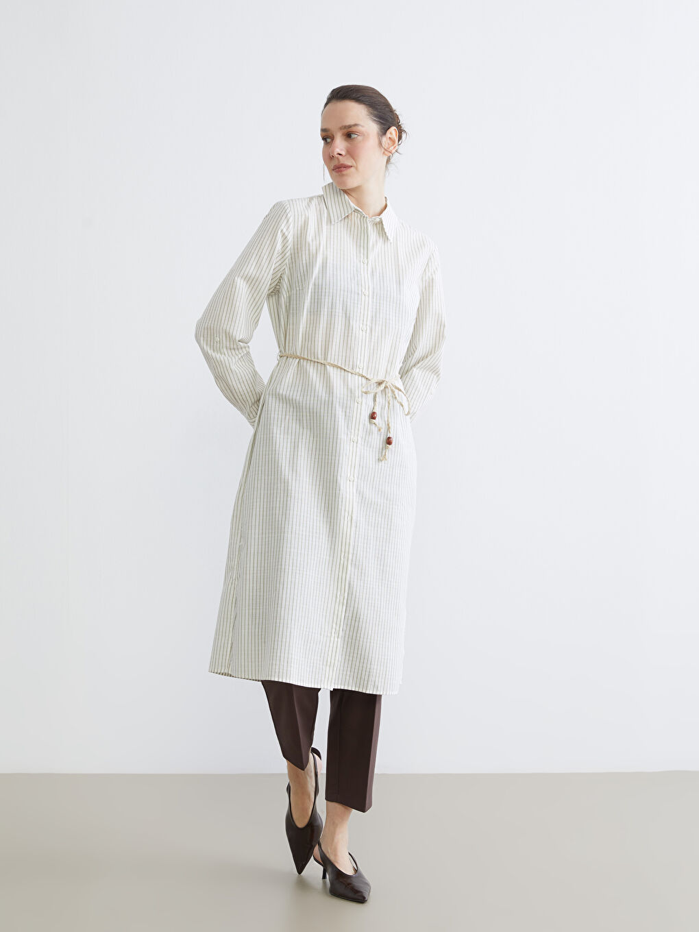 Striped belted tunic shirt.