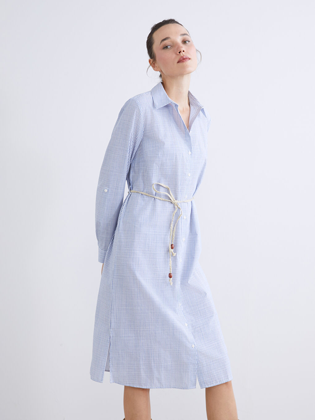 Striped belted tunic shirt for women.