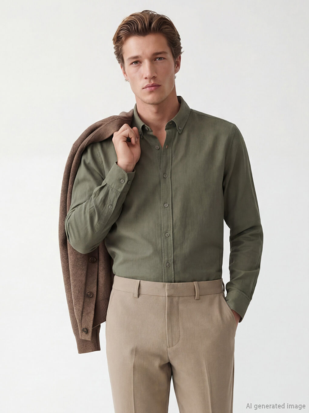 Haki Regular Fit Armürlü Erkek Gömlek-1