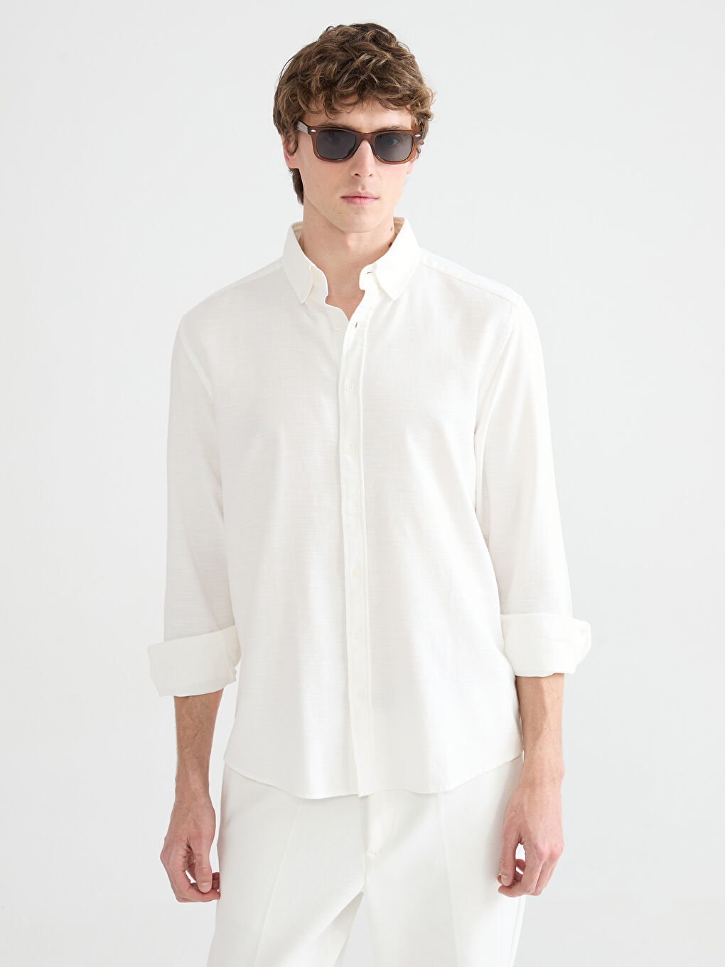 Ekru Regular Fit Armürlü Erkek Gömlek