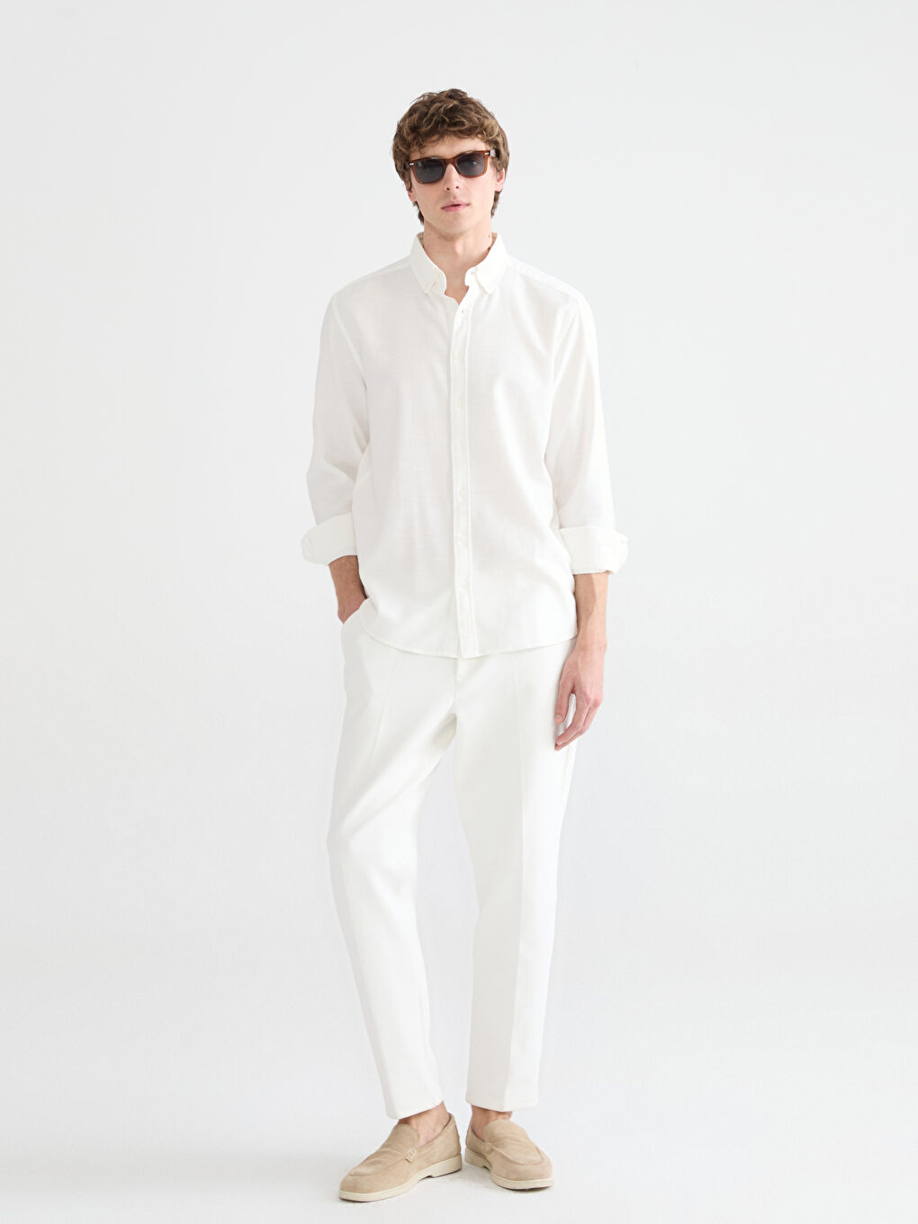 Ekru Regular Fit Armürlü Erkek Gömlek-1