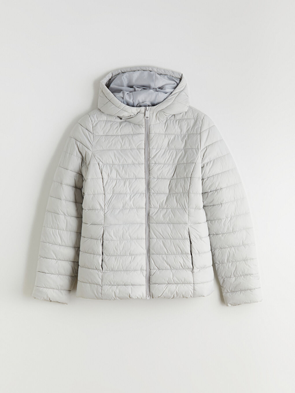 Gri Kapüşonlu Kadın Şişme Mont-6