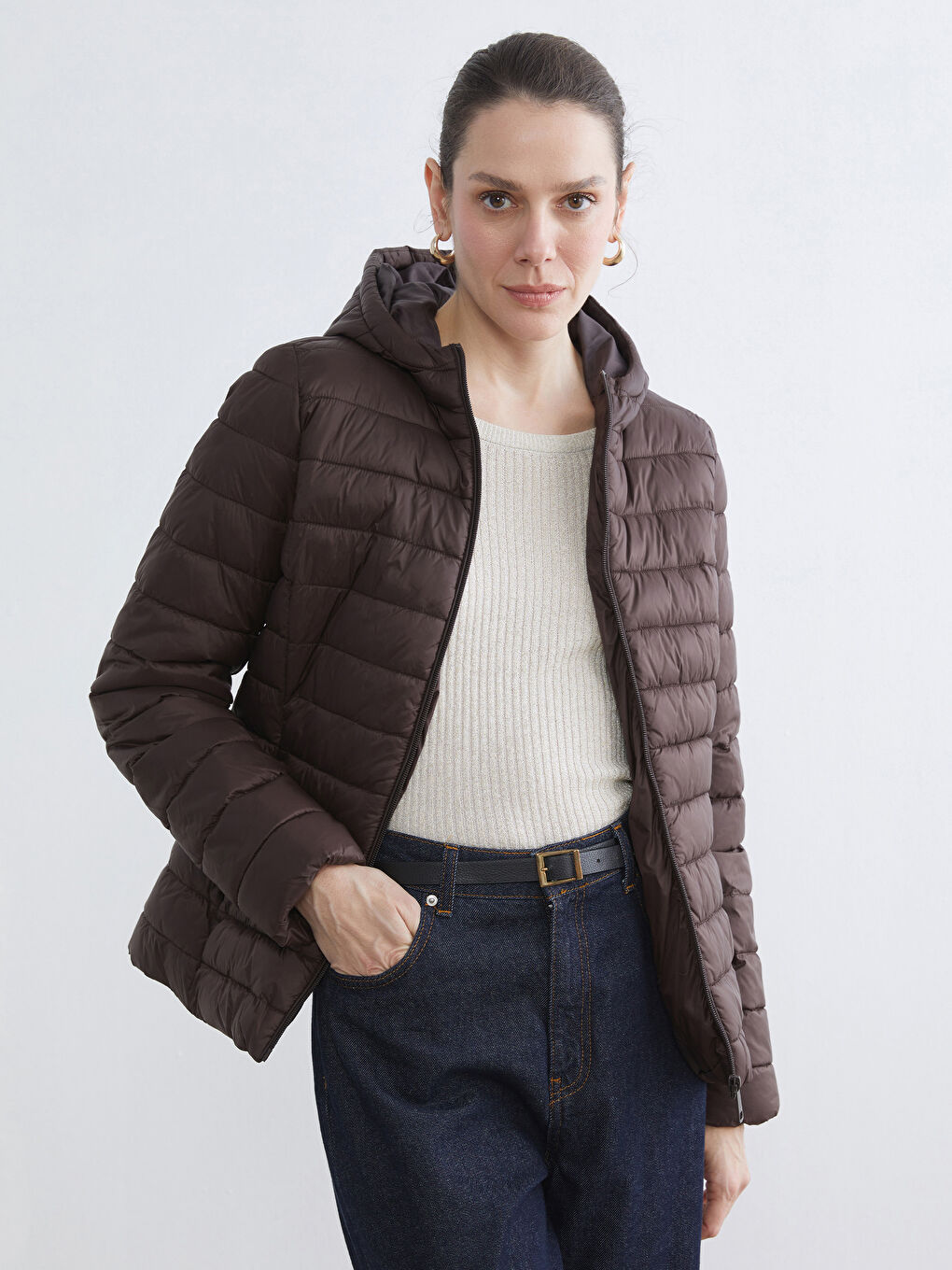 Antrasit Kapüşonlu Kadın Şişme Mont