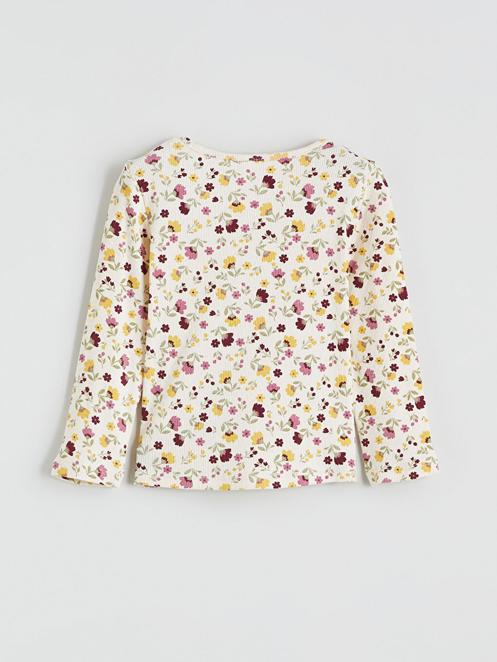 Ekru Bisiklet Yaka Çiçek Desenli Kız Çocuk Tişört-1