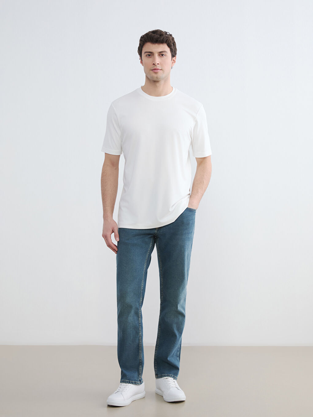 Ekru Bisiklet Yaka Erkek Tişört-2