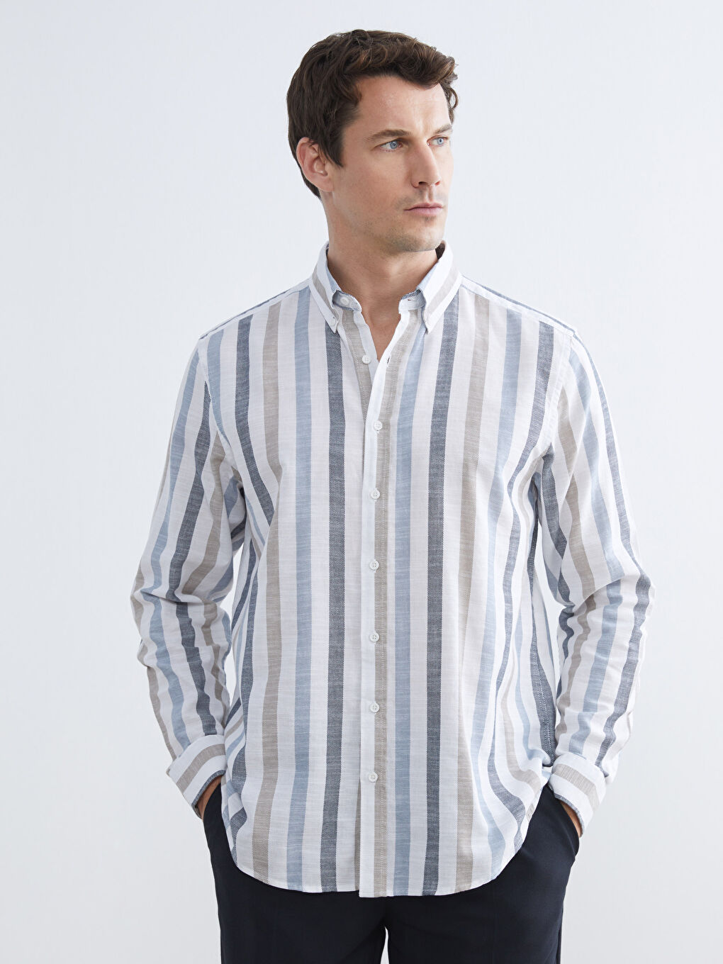 Mavi Regular Fit Çizgili Oxford Erkek Gömlek