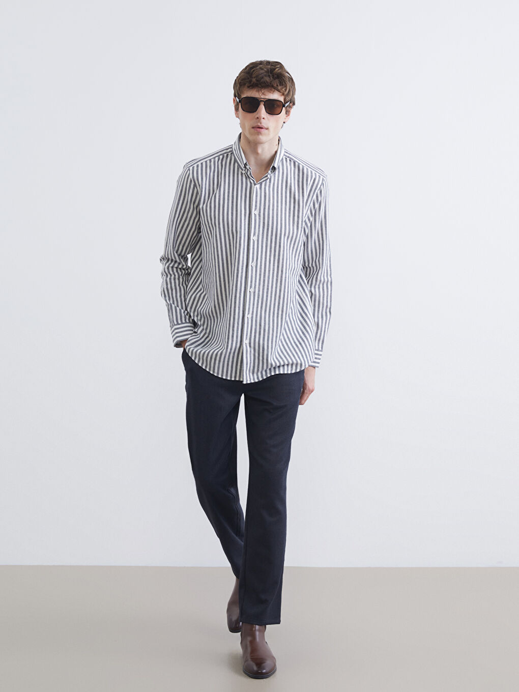 Lacivert Regular Fit Çizgili Erkek Oxford Gömlek-3