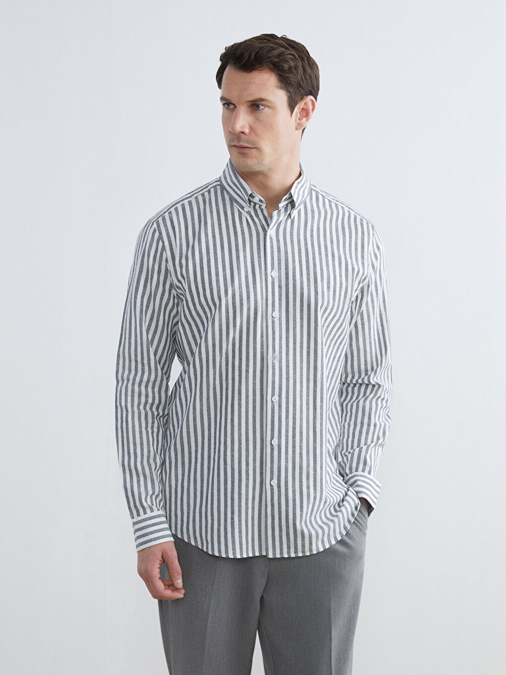 Lacivert Regular Fit Çizgili Erkek Oxford Gömlek-1