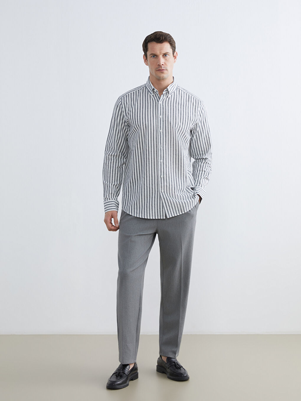 Lacivert Regular Fit Çizgili Erkek Oxford Gömlek-2