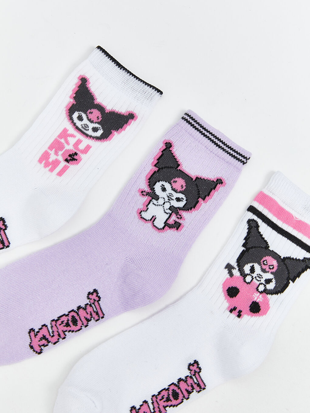 Beyaz Kuromi Desenli Kız Çocuk Soket Çorap 3'lü-1