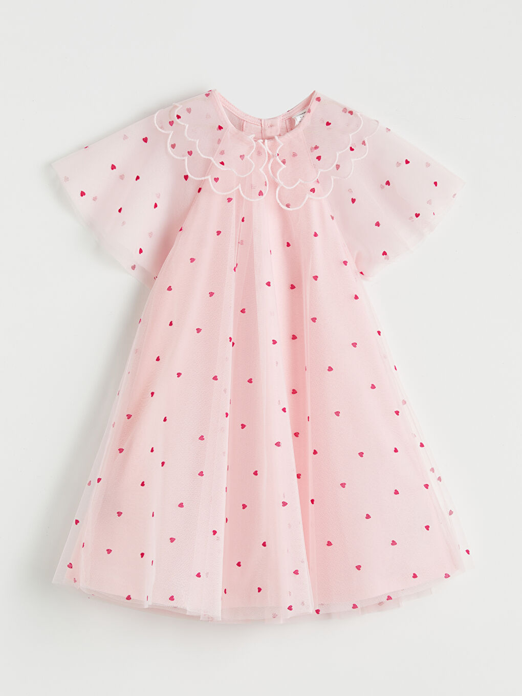 Pembe Bebe Yaka Kalp Nakışlı Kız Çocuk Prenses Elbise