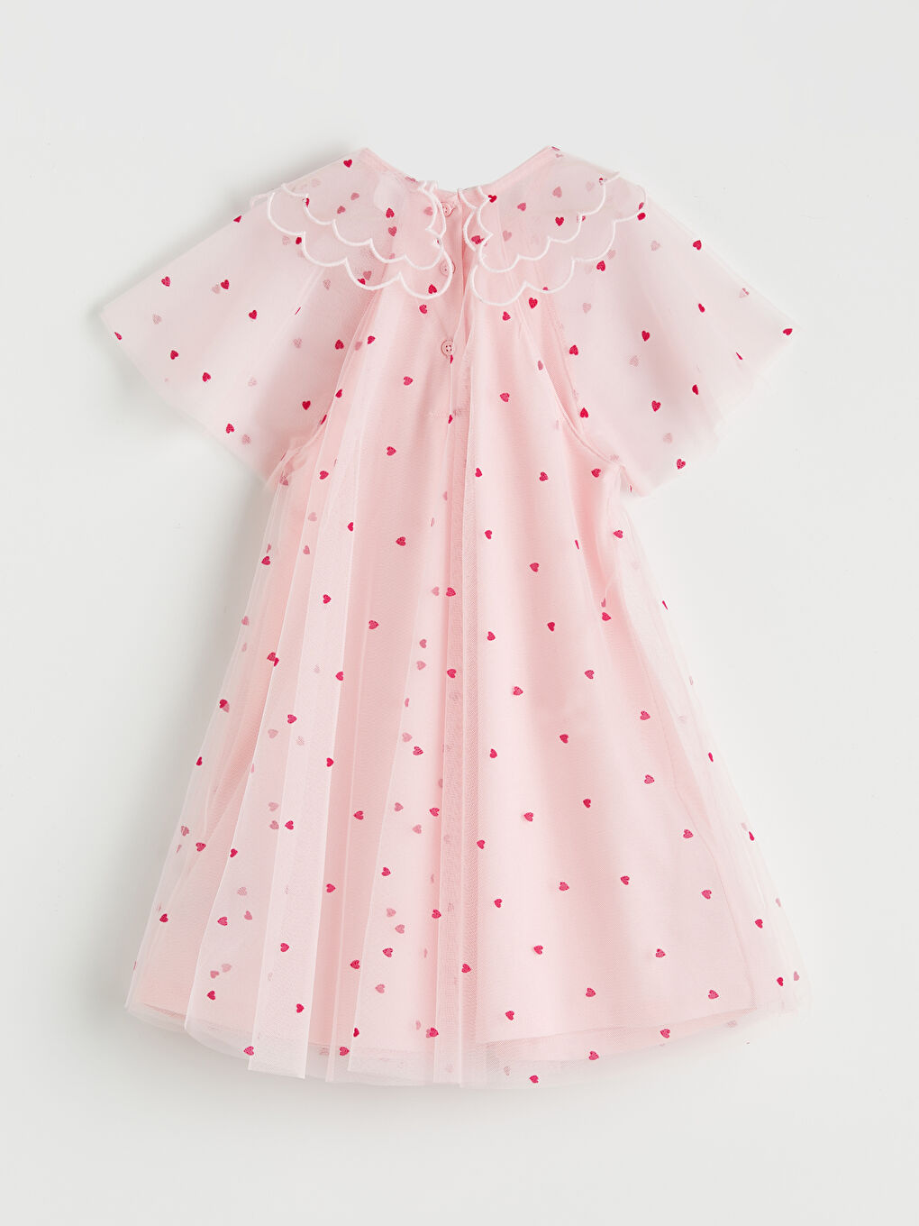 Pembe Bebe Yaka Kalp Nakışlı Kız Çocuk Prenses Elbise-1