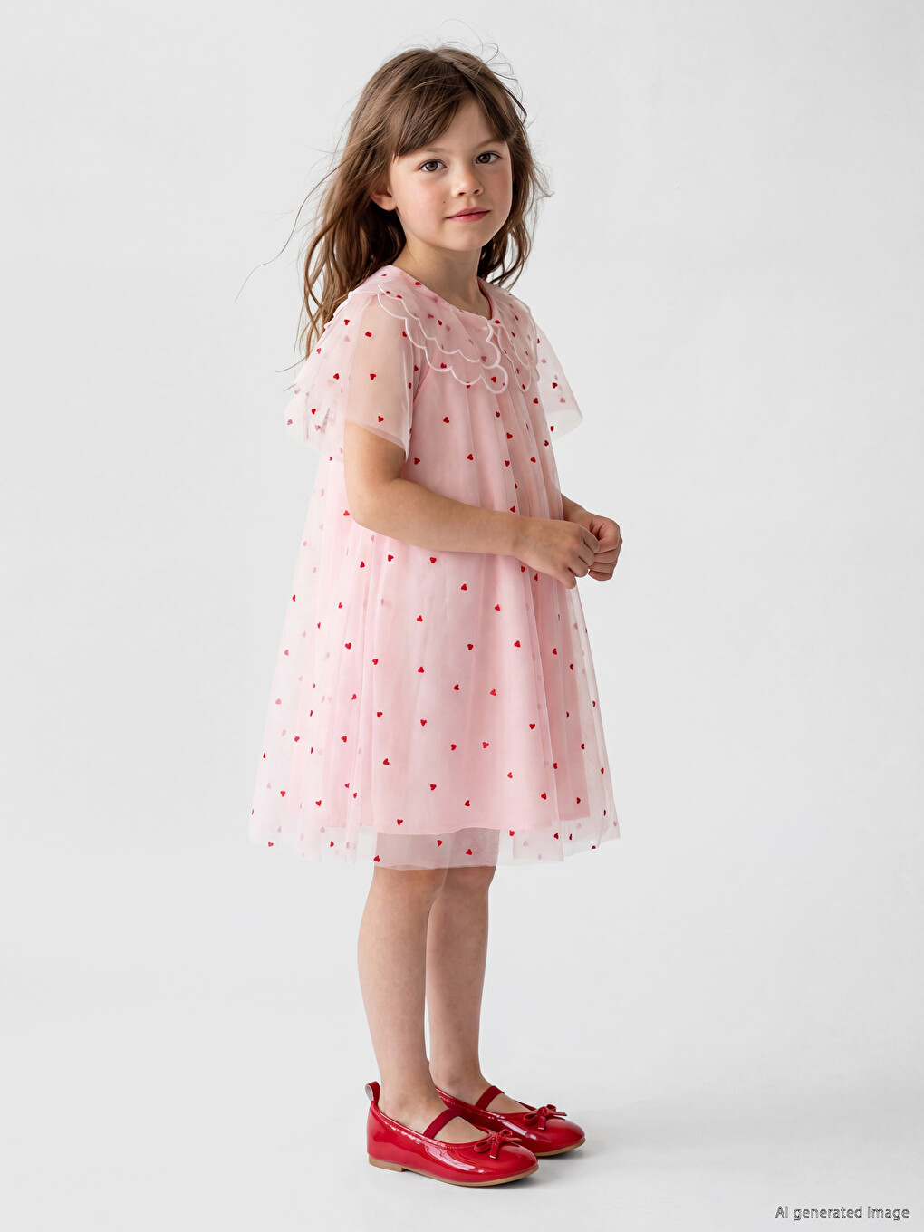 Pembe Bebe Yaka Kalp Nakışlı Kız Çocuk Prenses Elbise-2