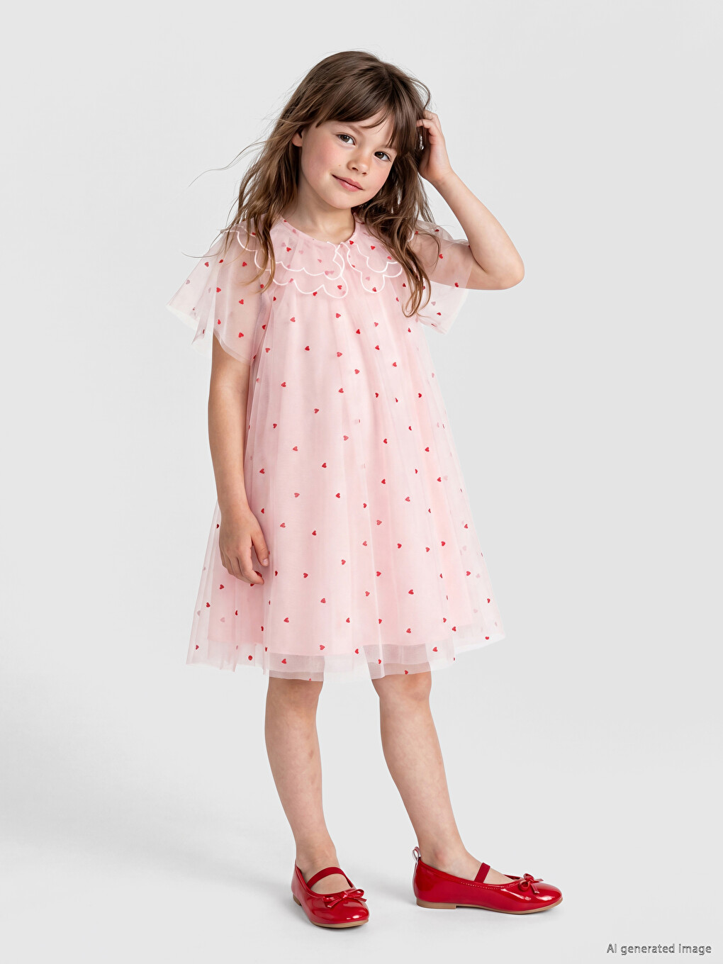 Pembe Bebe Yaka Kalp Nakışlı Kız Çocuk Prenses Elbise-3