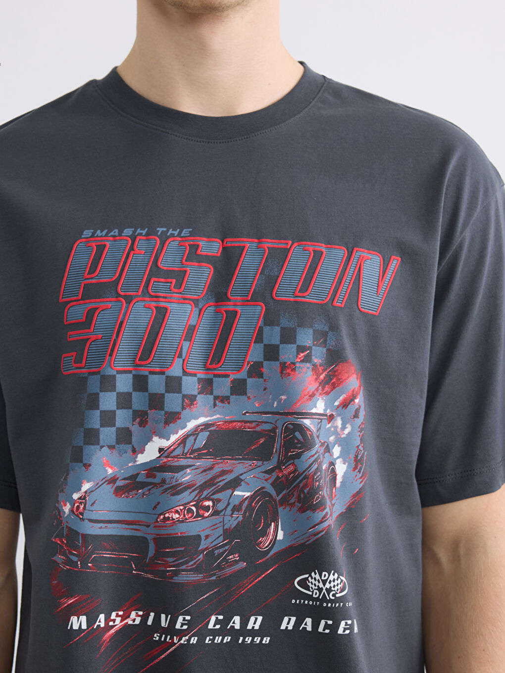 Antrasit Bisiklet Yaka Baskılı Erkek Tişört-2