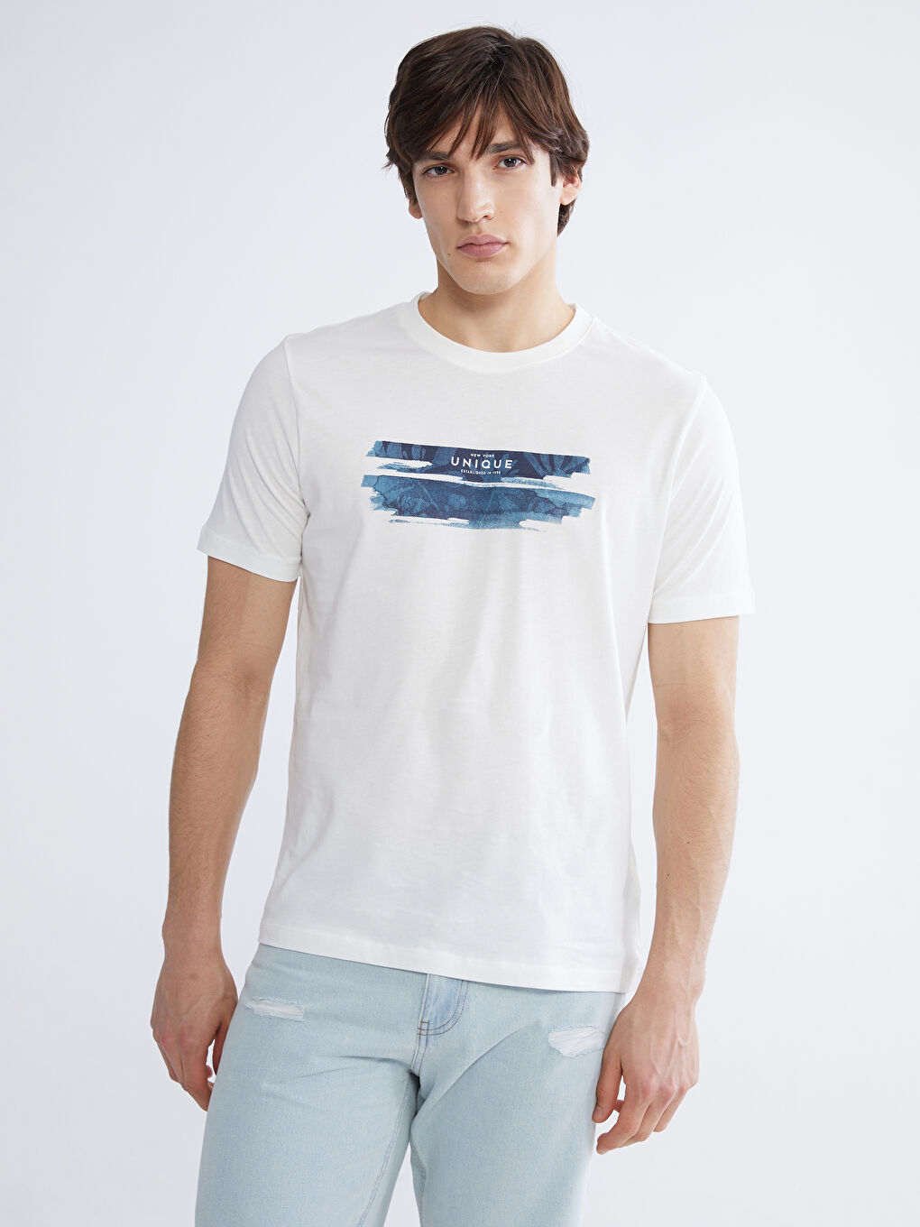 Ekru Bisiklet Yaka Baskılı Penye Erkek Tişört