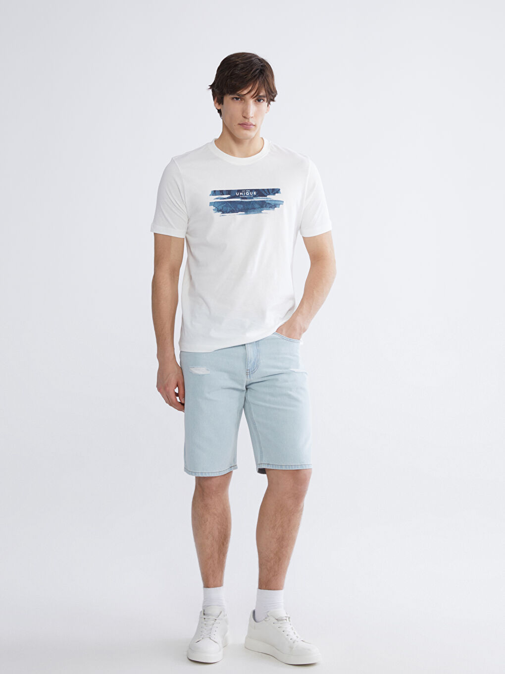 Ekru Bisiklet Yaka Baskılı Penye Erkek Tişört-1