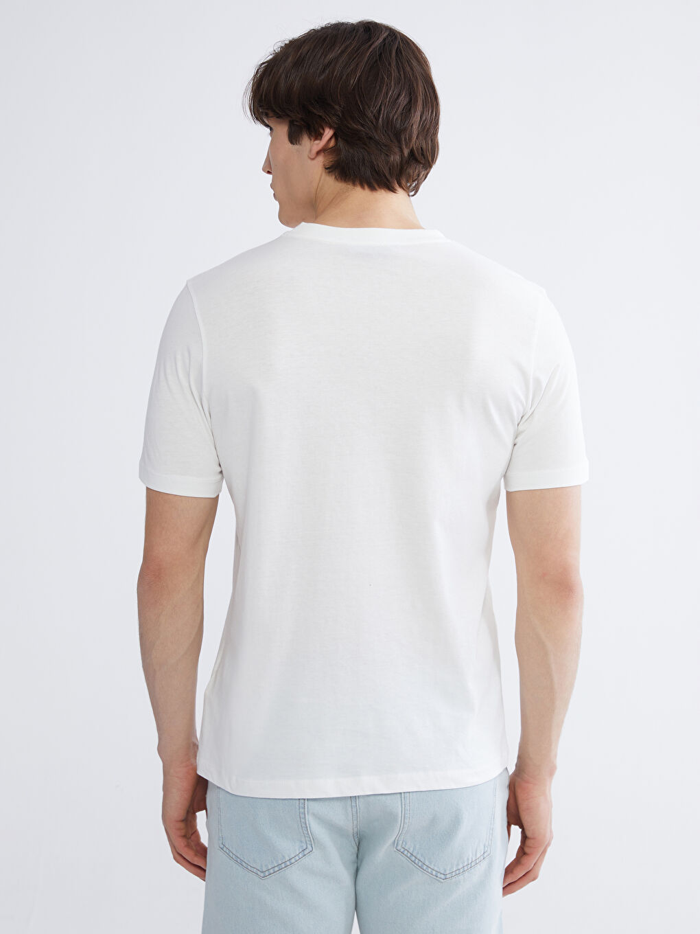 Ekru Bisiklet Yaka Baskılı Penye Erkek Tişört-3