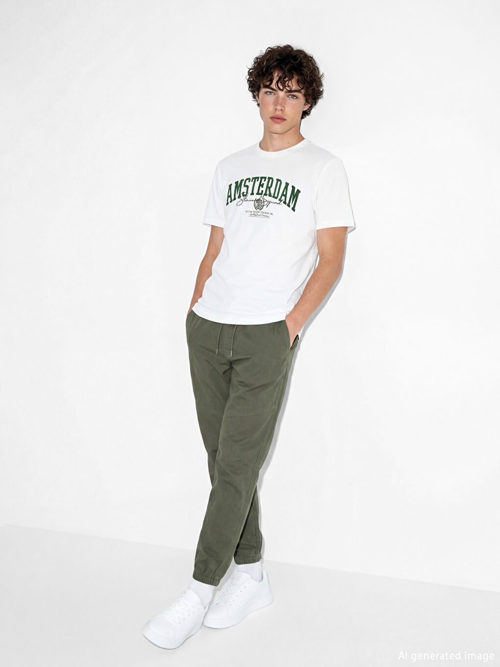 Beyaz Bisiklet Yaka Amsterdam Baskılı Erkek Tişört-1