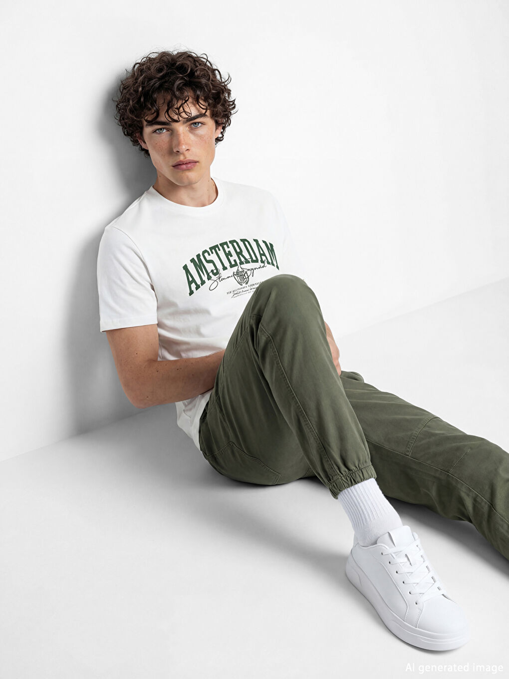 Beyaz Bisiklet Yaka Amsterdam Baskılı Erkek Tişört-2