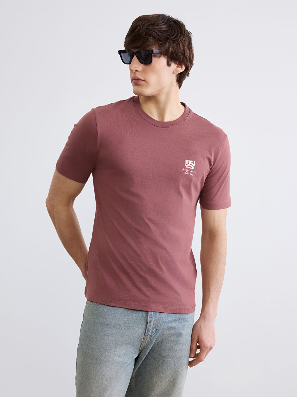 Pembe Bisiklet Yaka Baskılı Penye Erkek Tişört