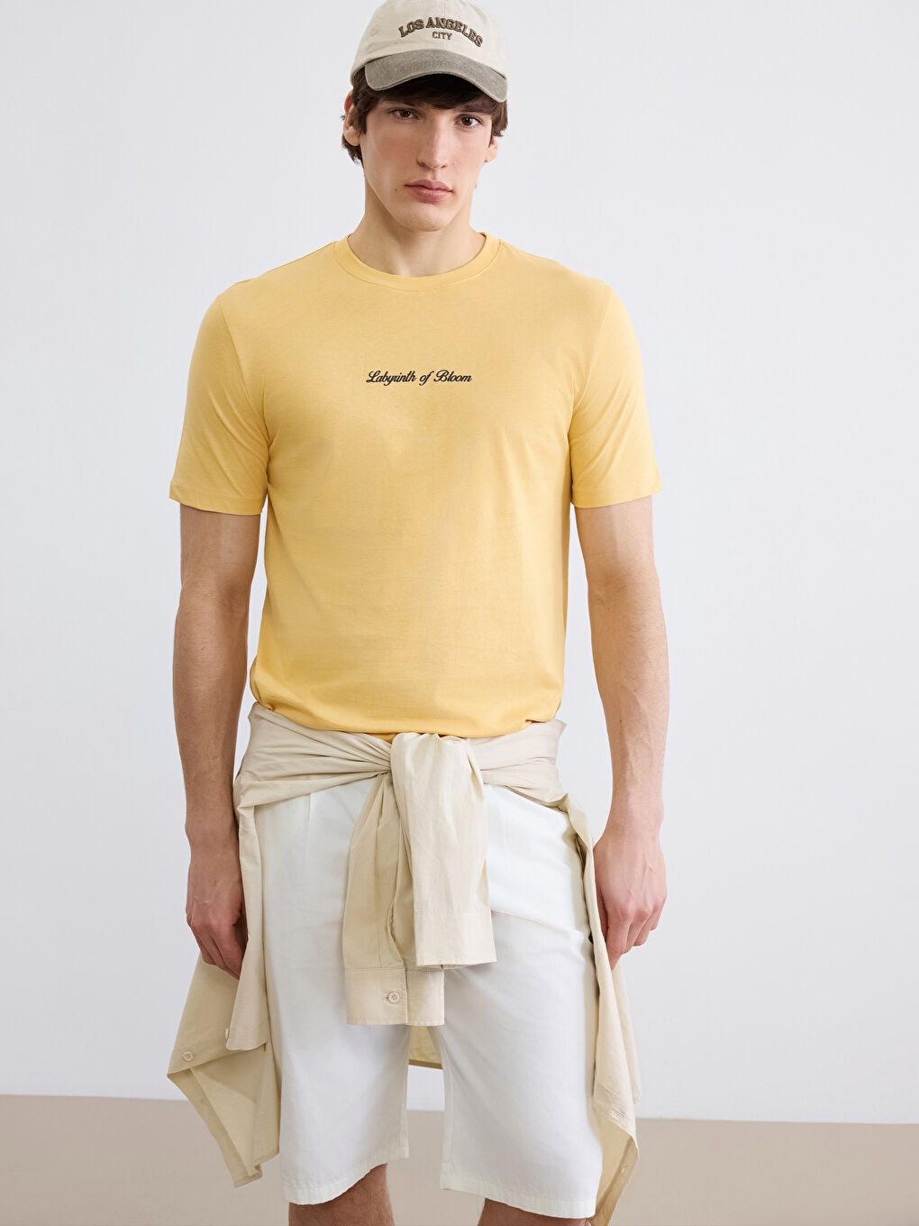 Sarı Bisiklet Yaka Baskılı Penye Erkek Tişört