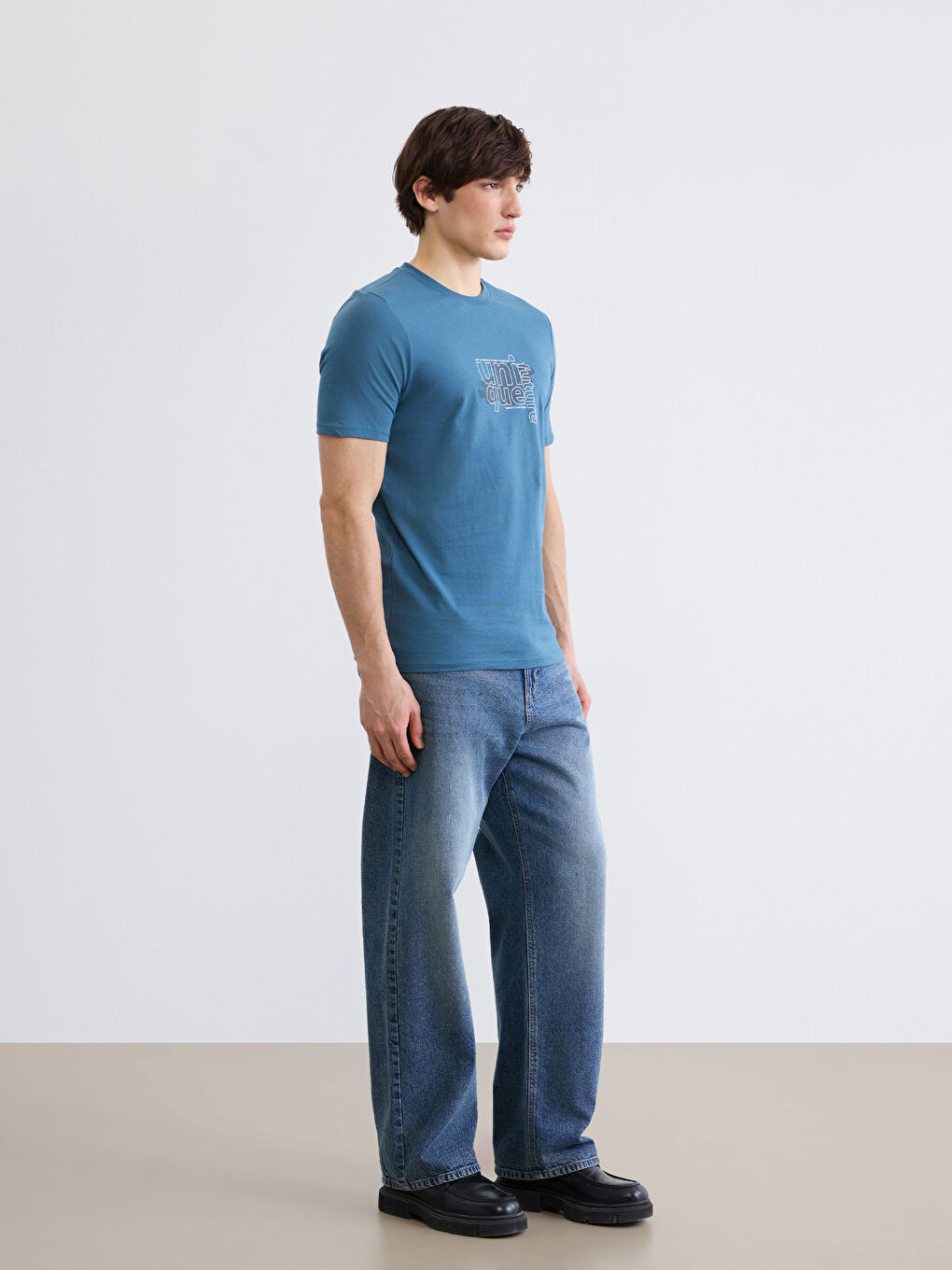 Petrol Bisiklet Yaka Baskılı Penye Erkek Tişört-1