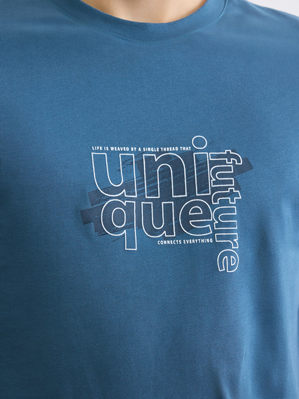 Petrol Bisiklet Yaka Baskılı Penye Erkek Tişört-2