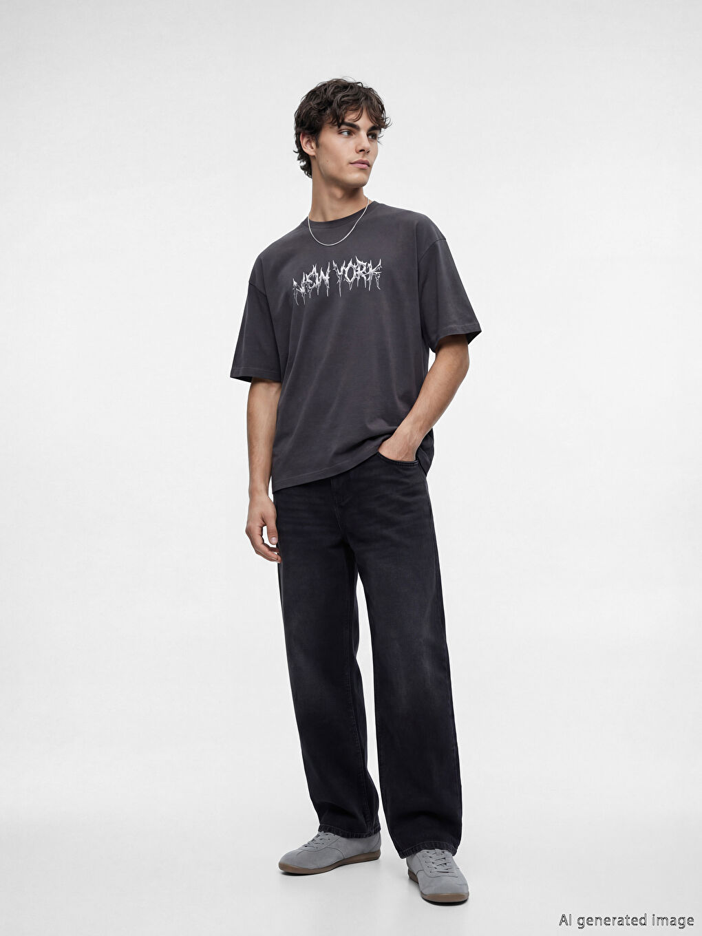 Antrasit Bisiklet Yaka New York Baskılı Erkek Tişört-1