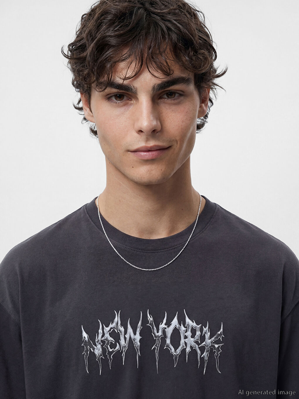 Antrasit Bisiklet Yaka New York Baskılı Erkek Tişört-2