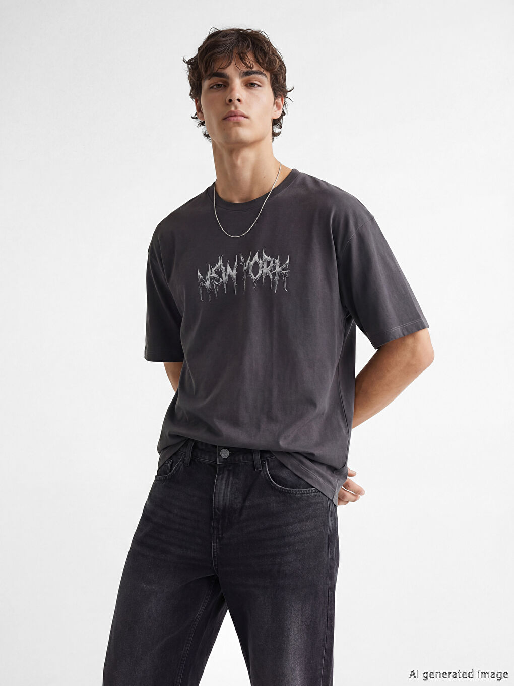 Antrasit Bisiklet Yaka New York Baskılı Erkek Tişört-3