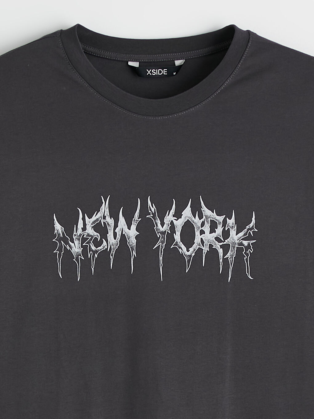 Antrasit Bisiklet Yaka New York Baskılı Erkek Tişört-1