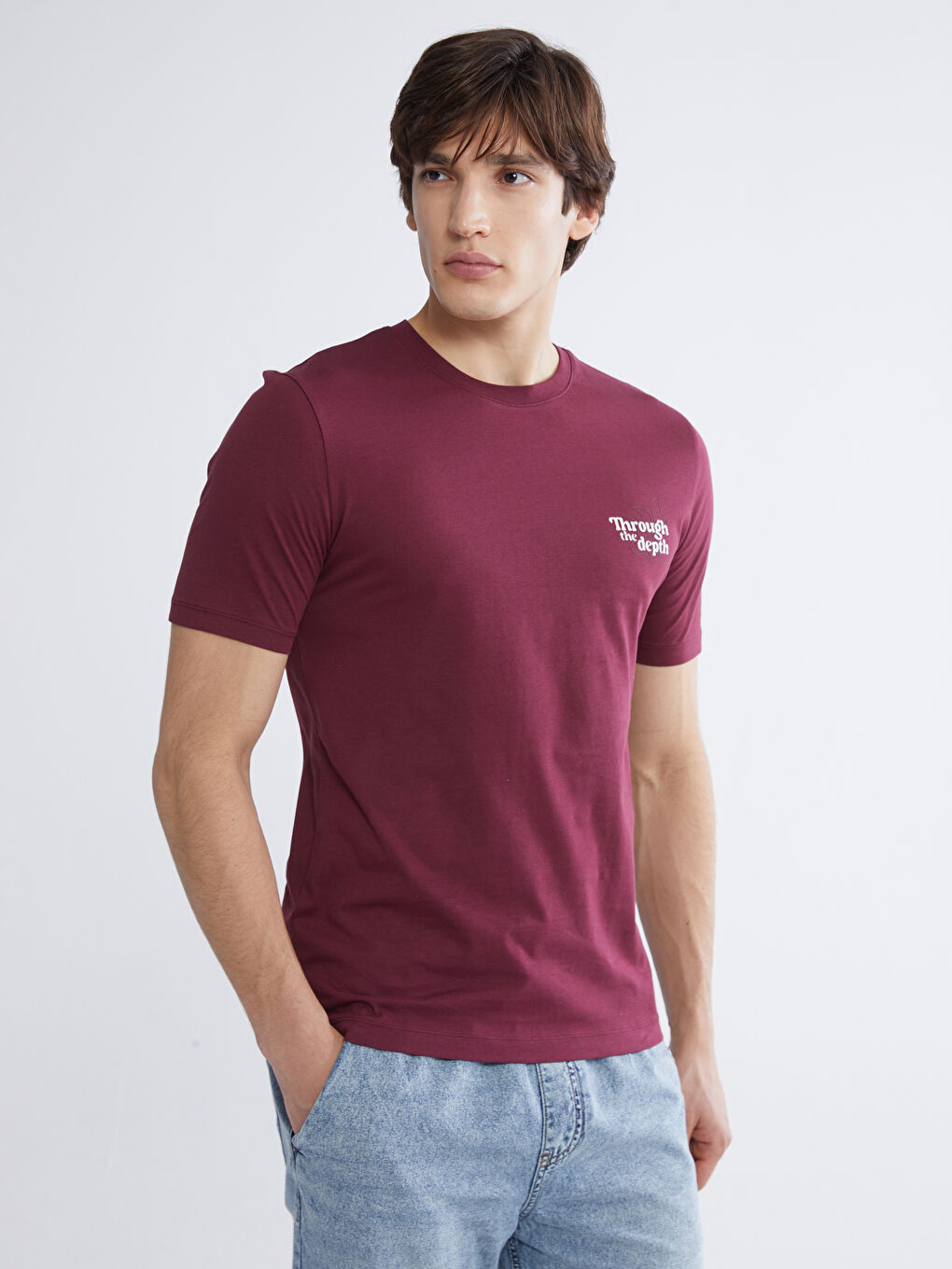 Bordo Bisiklet Yaka Baskılı Penye Erkek Tişört