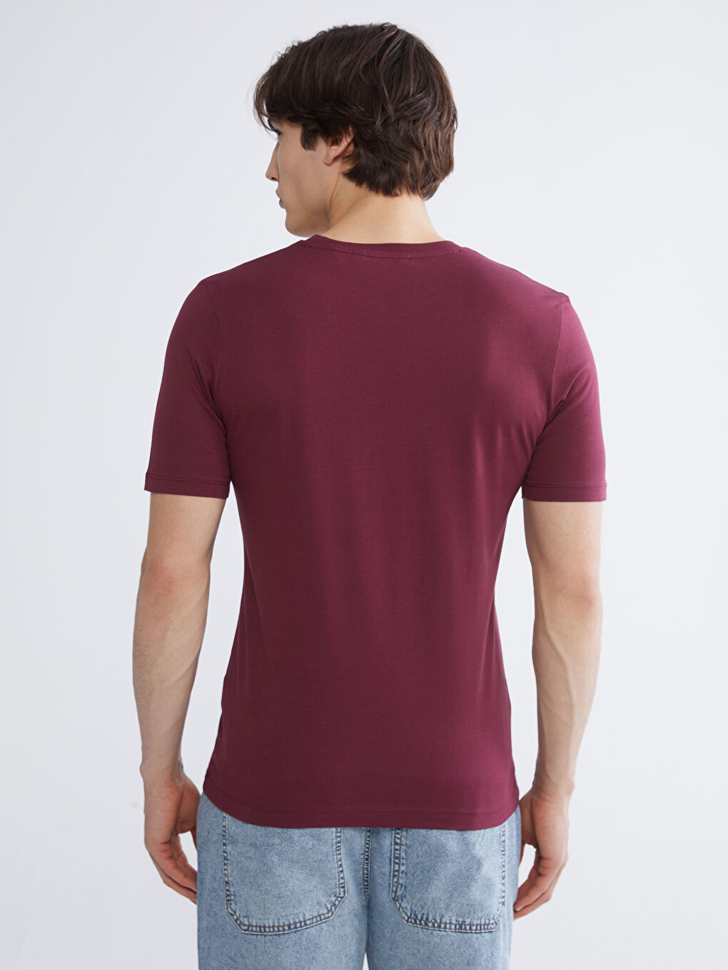 Bordo Bisiklet Yaka Baskılı Penye Erkek Tişört-3