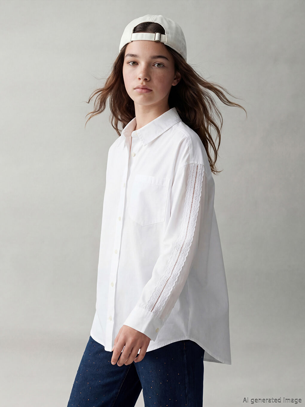 Girls' blouse with lace detailing.